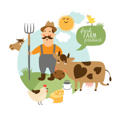 Vector illustration. Farmer , cattle farm ,fresh natural product