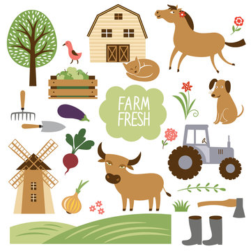 Vector illustration of farm animals and related items