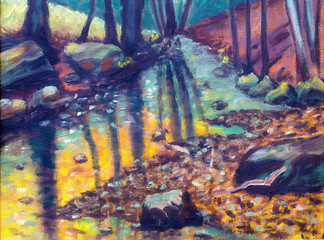 river in autumn forest,  oil painting.