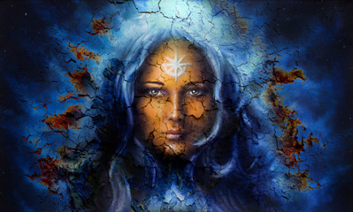 mystic face women, with structure crackle background effect