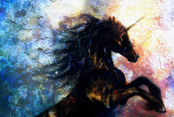 painting of a black unicorn dancing in space, crackle desert  © jozefklopacka