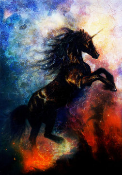 painting of a black unicorn dancing in space desert effect