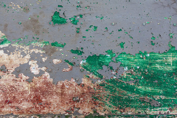 red rusted on the metal wall.green paint. background and Texture