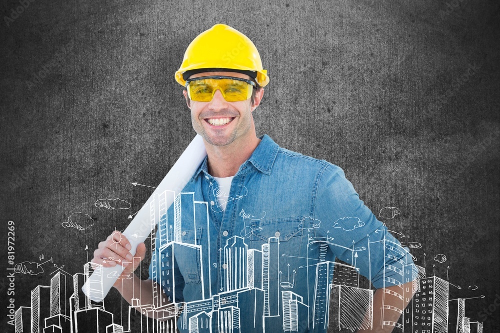 Poster Composite image of architect holding rolled blueprint