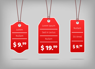 Red hanging pricing tags or labels with white prices