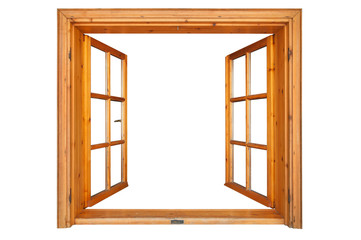 Wooden window opened isolated on white background