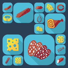 Flat modern design with shadow cheeses and sausages