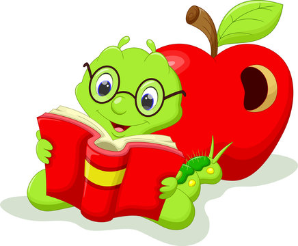 Cartoon caterpillar reading a book