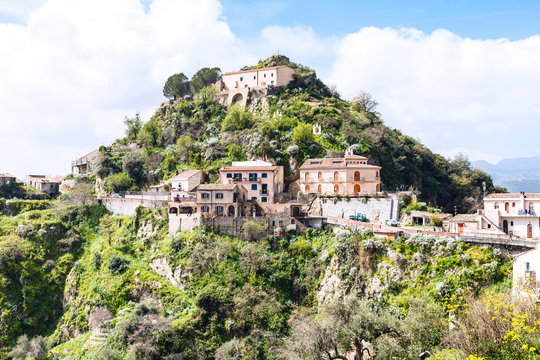 houses on top of mountain in town Savoca, Sicily