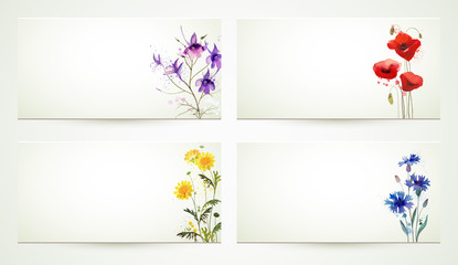 set of four natures banners with cornflowers, poppy, larkspur.