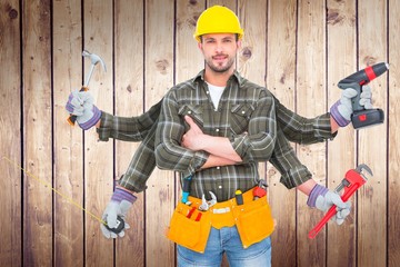 Composite image of carpenter with many arms