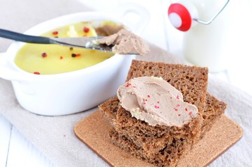 Chicken liver pate on bread and in plate