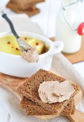 Chicken liver pate on bread and in plate