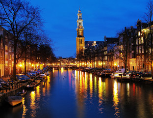 Evening view on the Western church in Amsterdam