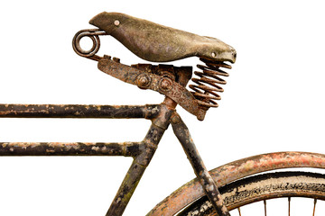 Rusted ancient bicycle with leather seat isolated on white - obrazy, fototapety, plakaty