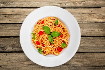 Spaghetti. Spaghetti with tomato sauce and sprinkled with cheese