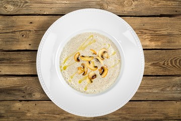 Soup. Mushroom cream soup on a table, food