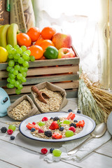 Tasty oat flakes with fresh fruits and milk
