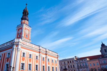 Baroque Town Hall with clock tower on the market in Leszno.