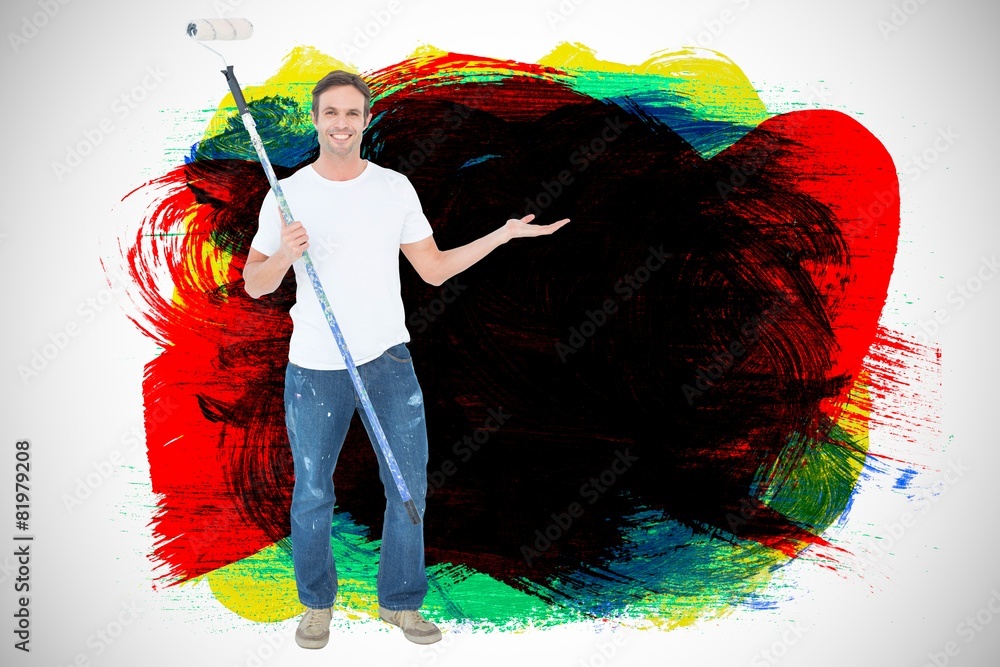Aufkleber Composite image of man gesturing while holding paint roller