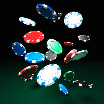  colorful pocker chips on classic green gaming table background. concept of gambling, risk and fun.