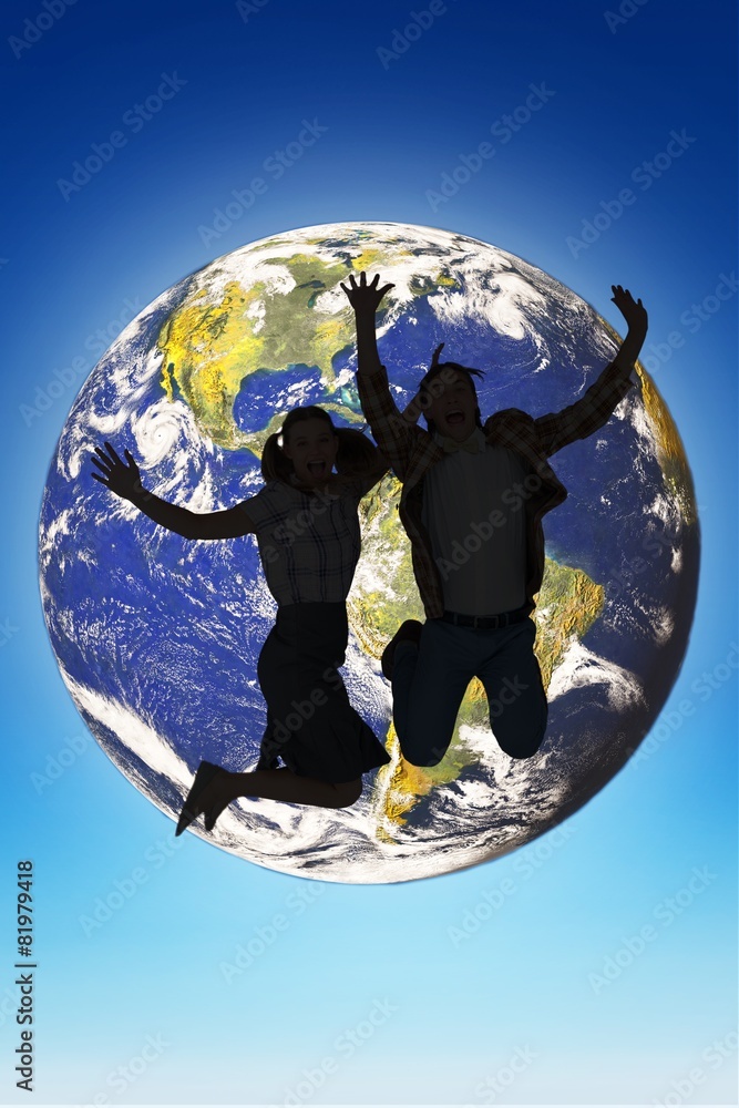 Poster Composite image of geeky hipsters jumping and smiling