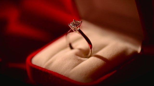 Diamond ring on red silk background
