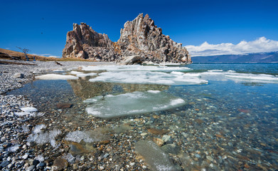Lake Baikal in spring. Melting ice near Shamanka Rock