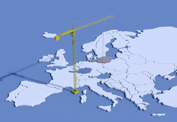 Mappa Europa 3D con gru che solleva Austria in calcestruzzo