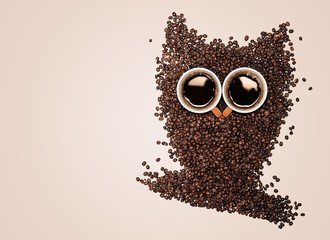 Owl. Conceptual owl made with coffee beans and cups