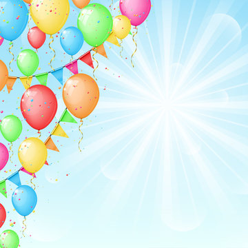 Sunny background with color balloons and flags