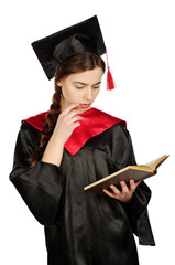 Strict graduate girl student in mantle with books