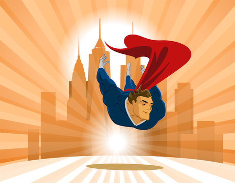 Superhero flies low over the earth on the city background
