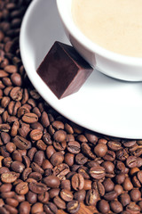 Latte coffee, cup of espresso, coffee bean