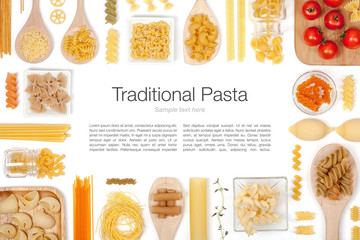 various pasta on white background top view