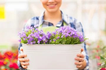 Cercles muraux Fleuriste close up of happy woman holding flowers in pot