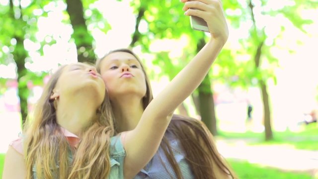 Teenage girls making selfie. Slow motion 240 fps. Full HD