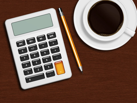 coffee calculator and pencil lying on wooden desk in office