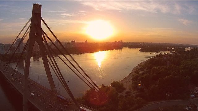 Kiev, Ukraine. Aerial view of Moscow Bridge over Dnieper river