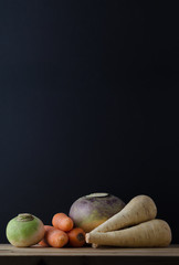 Root Vegetables Still Life Table Arrangement - obrazy, fototapety, plakaty