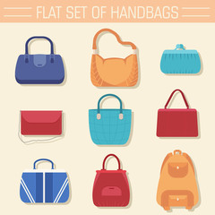 fashion handbags and bags in flat illustration concept icons set