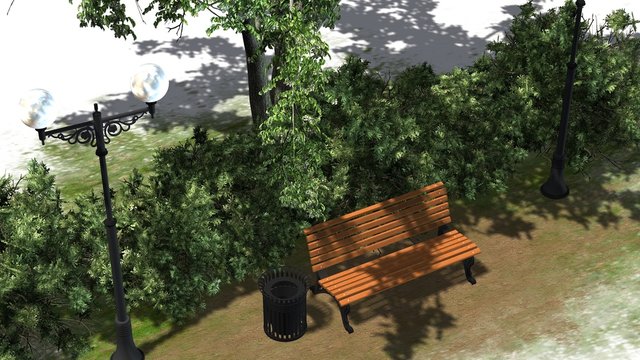 Park Bench with Street lantern bushes and a tree