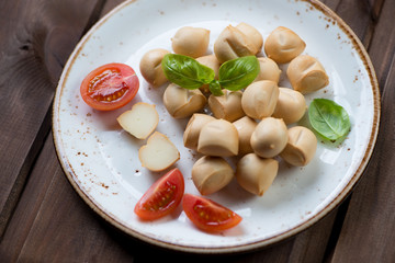 Provoletta with green basil leaves and tomatoes, studio shot