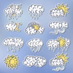 hand painted sketch sticekr line weather set icons