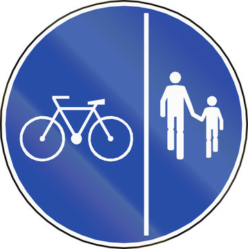 Chilean traffic sign on a shared-use path with separate lanes, left lane for bicycles and right lane for pedestrians