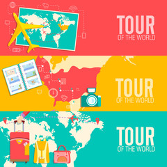 tour of the world concept. Tourism with fast travel on a flat