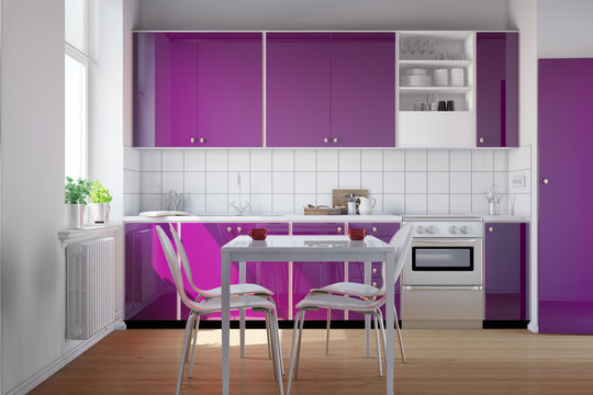 Kleine Küche mit lila Küchenzeile