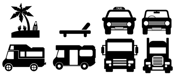 Camion, voiture, camping-car et plage en 8 icônes