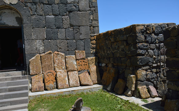 several broken khachkar stone in Sevanavank