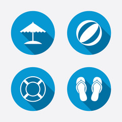 Beach holidays icons. Umbrella and sandals.